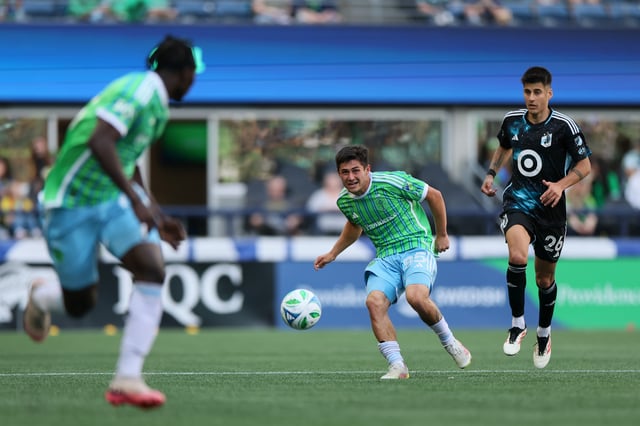 Kalani Kossa-Rienzi #85 of Seattle Sounders passes the ball against Minnesota United at Lumen Field on June 01, 2025 in Seattle, Washington.