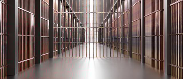 Prison interior. Jail cells, corridor and security metal bars. 3d illustration