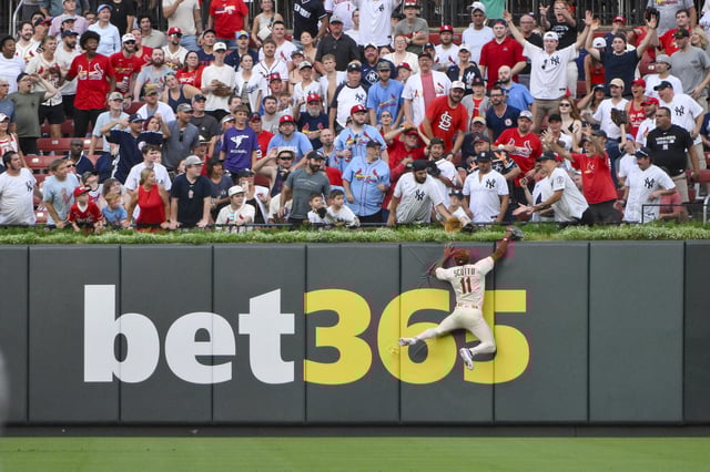 Aug 16, 2025; St. Louis, Missouri, USA;  St. Louis Cardinals center fielder Victor Scott II (11) leaps and smashes into the wall but is unable to catch a solo home run hit by New York Yankees designated hitter Aaron Judge (not pictured) during the third inning at Busch Stadium. Mandatory Credit: Jeff Curry-Imagn Images