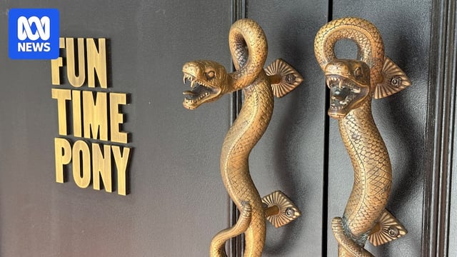 Ornate snake door handles next to sign 'Fun Time Pony'. 