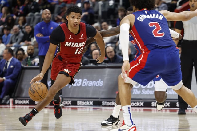 Dec 16, 2024; Detroit, Michigan, USA;  Miami Heat guard Dru Smith (12) dribbles as Detroit Pistons guard Cade Cunningham (2) defends in the first half at Little Caesars Arena. Mandatory Credit: Rick Osentoski-Imagn Images/ File Photo