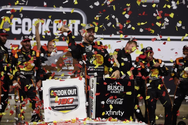 Aug 16, 2025; Richmond, Virginia, USA; NASCAR Cup Series driver Austin Dillon (3) celebrates in victory lane after winning the Cook Out 400 at Richmond Raceway. Mandatory Credit: Amber Searls-Imagn Images