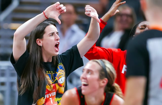 Caitlin Clark #22 of the Indiana Fever reacts during the game during the game against the Chicago Sky at Gainbridge Fieldhouse on August 9, 2025 in Indianapolis, Indiana.