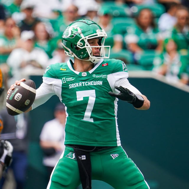 Saskatchewan Roughriders quarterback Trevor Harris (7) looks downfield during the first half of CFL football action against the Hamilton Tiger-Cats in Regina, Saturday, Aug. 16, 2025. THE CANADIAN PRESS/Heywood Yu