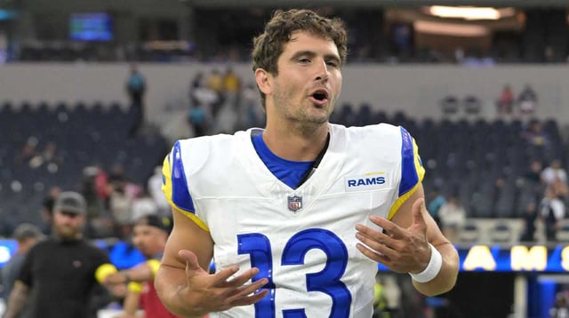 Aug 9, 2025; Inglewood, California, USA; Los Angeles Rams quarterback Stetson Bennett IV (13) leaves the field after the game against the Dallas Cowboys at SoFi Stadium. Mandatory Credit: Jayne Kamin-Oncea-Imagn Images