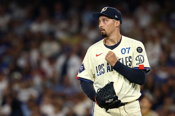 LOS ANGELES, CALIFORNIA – AUGUST 16: Blake Snell #7 of the Los Angeles Dodgers reacts after an out during the sixth inning against the San Diego Padres at Dodger Stadium on August 16, 2025 in Los Angeles, California. (Photo by Katelyn Mulcahy/Getty Images)