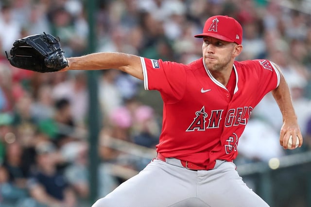 Angels pitcher Tyler Anderson delivers to the Athletics during the second inning of a baseball game Saturday, Aug. 16, 2025, in West Sacramento, Calif. (AP Photo/Sara Nevis)