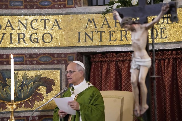 Pope Leo XIV celebrates a Mass at the Santa Maria della Rotonda Sanctuary in Albano Laziale, Sunday, Aug. 17, 2025. (AP Photo/Gregorio Borgia, Pool)