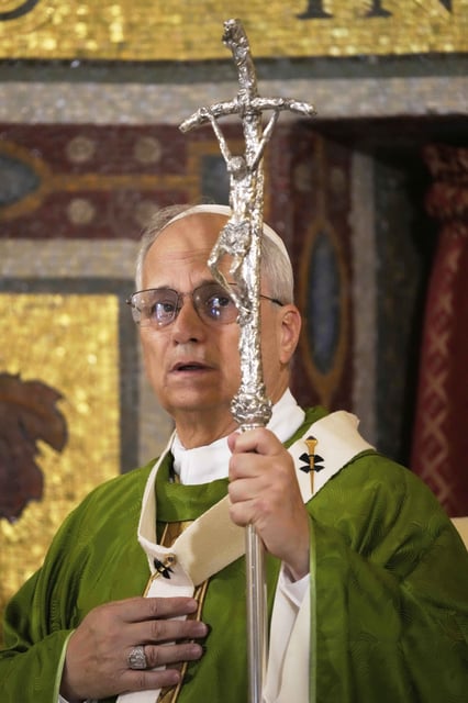 Pope Leo XIV celebrates a Mass at the Santa Maria della Rotonda Sanctuary in Albano Laziale, Sunday, Aug. 17, 2025. (AP Photo/Gregorio Borgia, Pool)