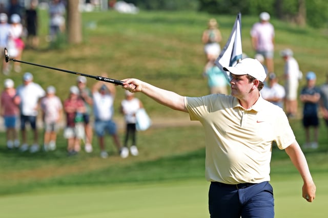 Robert MacIntyre of Scotland reacts to his putt on the 14th green during the third round of the BMW Championship 2025 at Caves Valley Golf Club on August 16, 2025 in Owings Mills, Maryland.