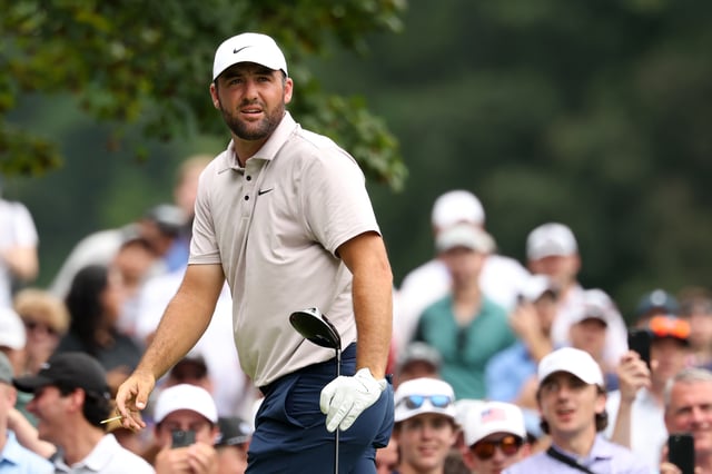 Scottie Scheffler of the United States watches his shot from the second tee during the third round of the BMW Championship 2025 at Caves Valley Golf Club on August 16, 2025 in Owings Mills, Maryland.