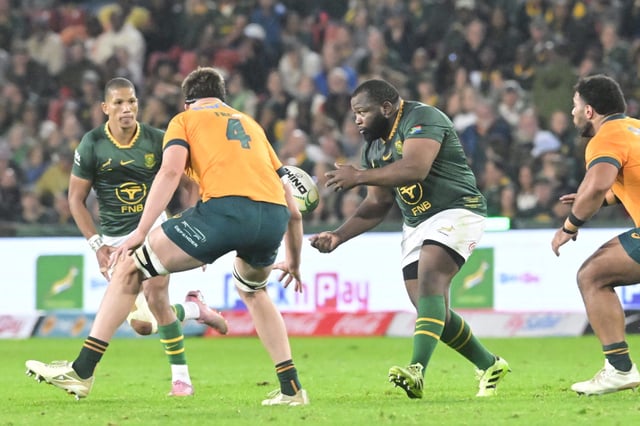 JOHANNESBURG, SOUTH AFRICA - AUGUST 16: Ox Nche of South Africa passes the ball during the Castle Lager Rugby Championship match between South Africa and Australia at Emirates Airline Park on August 16, 2025 in Johannesburg, South Africa. (Photo by Sydney Seshibedi/Gallo Images)