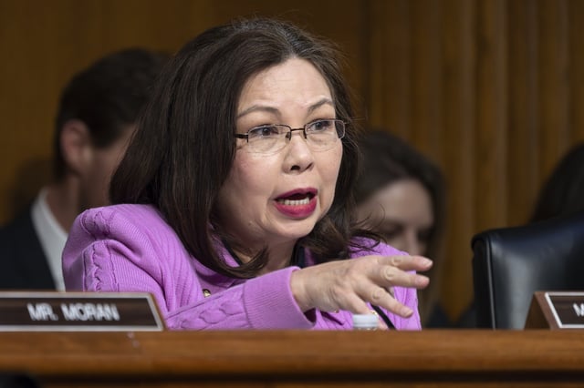 FILE - Sen. Tammy Duckworth, D-Ill., the ranking member of the Senate Transportation Subcommittee, speaks during a hearing on Capitol Hill in Washington, Thursday, March 27, 2025. (AP Photo/J. Scott Applewhite, File)