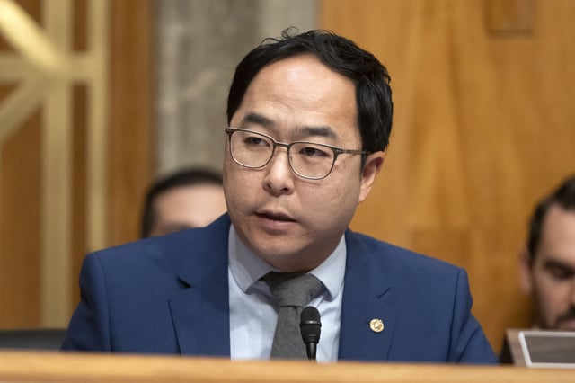 FILE - Sen. Andy Kim, D-N.J., speaks during a hearing on Capitol Hill, April 3, 2025, in Washington. (AP Photo/Mark Schiefelbein, File)