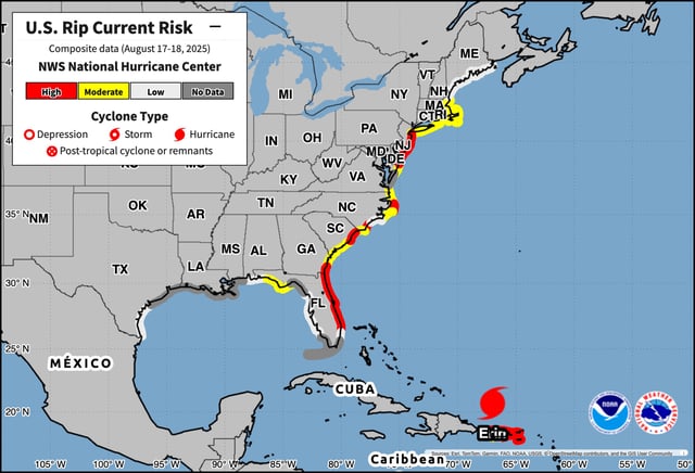 Forecasted U.S. rip current risk over this weekend Aug. 17-18
