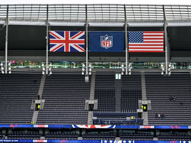 London, United Kingdom - October 13: the british flag and the american flag inside the stadium during the NFL match between Jacksonville Jaguars vs Chicago Bears at Tottenham Hotspur Stadium on October 13, 2024 in London, England. (Photo by Vince Mignott/DeFodi Images via Getty Images)