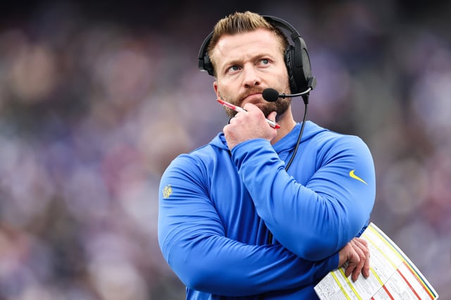 Head coach Sean McVay of the Los Angeles Rams looks on during the first half against the New York Giants at MetLife Stadium on December 31, 2023 in East Rutherford, New Jersey.