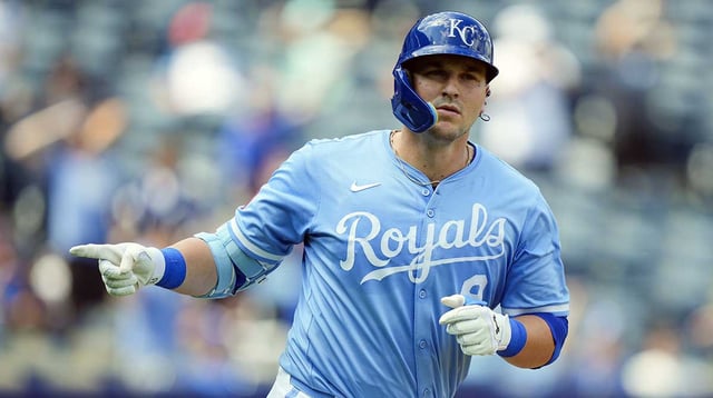 Aug 13, 2025; Kansas City, Missouri, USA; Kansas City Royals first baseman Vinnie Pasquantino (9) gestures to the dugout after hitting a home run during the fourth inning against the Washington Nationals at Kauffman Stadium. Mandatory Credit: Jay Biggerstaff-Imagn Images
