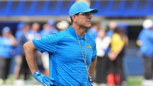 Aug 16, 2025; Inglewood, California, USA; Los Angeles Chargers coach Jim Harbaugh reacts during the game against the Los Angeles Rams at SoFi Stadium. Mandatory Credit: Kirby Lee-Imagn Images