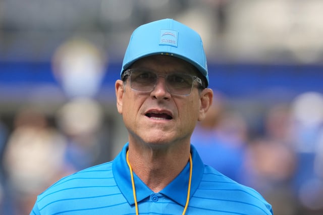 Aug 16, 2025; Inglewood, California, USA; Los Angeles Chargers coach Jim Harbaugh reacts during the game against the Los Angeles Rams at SoFi Stadium. Mandatory Credit: Kirby Lee-Imagn Images/File Photo