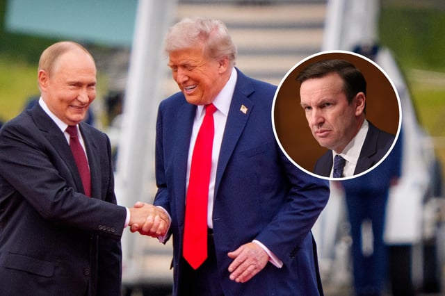 U.S. President Donald Trump (R) greets Russian President Vladimir Putin as he arrives at Joint Base Elmendorf-Richardson on August 15, 2025 in Anchorage, Alaska. INSET: U.S. Sen. Chris Murphy (D-CT) participates in a Senate Health, Education, Labor, and Pensions Committee hearing on prescription drugs costs at the Dirksen Senate Office Building on February 08, 2024 in Washington, DC.