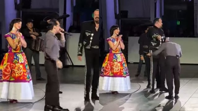 Christian Nodal hace reverencia a  Pepe Aguilar durante su presentación en el Hollywood Bowl