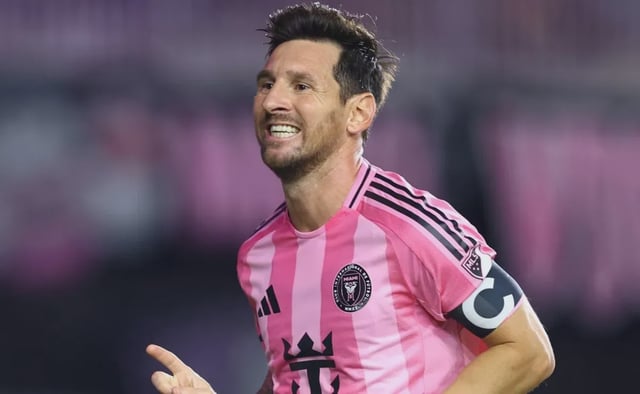 Lionel Messi #10 of Inter Miami CF celebrates after scoring the team's second goal during the MLS match between Inter Miami CF and LA Galaxy at Chase Stadium on August 16, 2025 in Fort Lauderdale, Florida.
