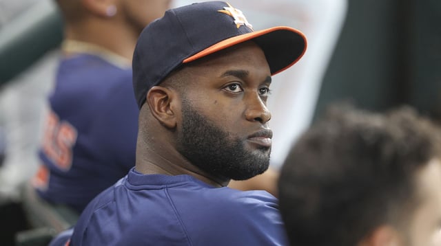 May 25, 2025; Houston, Texas, USA; Houston Astros designated hitter Yordan Alvarez looks on from the dugout during the game against the Seattle Mariners at Daikin Park. Mandatory Credit: Troy Taormina-Imagn Images