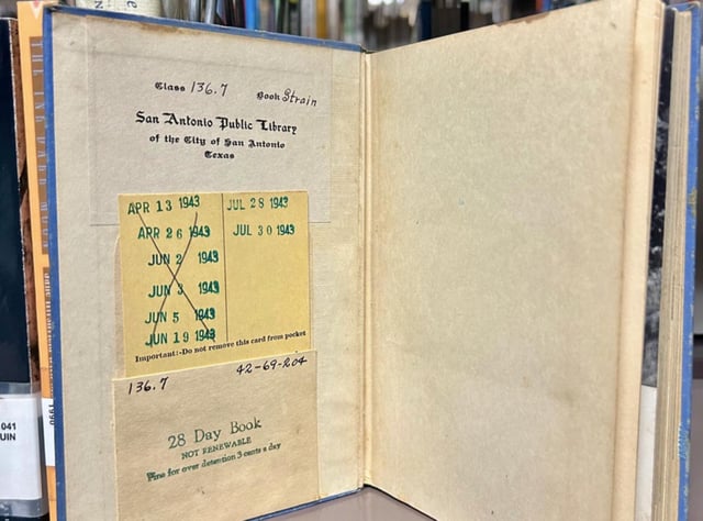 An overdue library book has found its way back to the San Antonio Public Library nearly 82 years after its due date. “Your Child, His Family, and Friends” by Frances Bruce Strain was checked out in July 1943 and due back 28 days later.