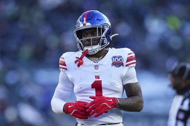 Malik Nabers #1 of the New York Giants looks on against the Philadelphia Eagles at Lincoln Financial Field on January 5, 2025 in Philadelphia, Pennsylvania.