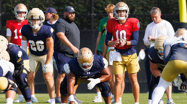 Notre Dame quarterback Tyler Buchner waits for the snap during a football practice at Irish Athletic Center on Friday, Aug. 15, 2025, in South Bend.