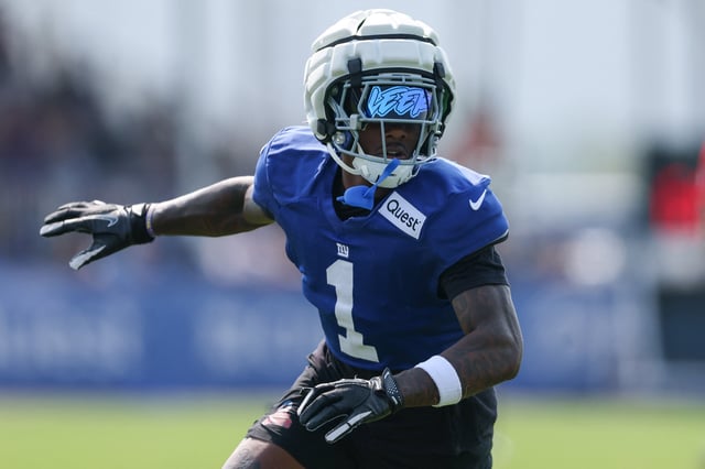 Aug 4, 2025; East Rutherford, NJ, USA; New York Giants wide receiver Malik Nabers (1) runs a route during training camp at Quest Diagnostics Training Center. Mandatory Credit: Vincent Carchietta-Imagn Images/File photo