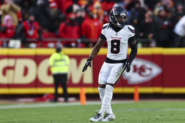 John Metchie III #8 of the Houston Texans lines up out wide during the second half of the AFC Divisional playoff game against the Kansas City Chiefs at GEHA Field at Arrowhead Stadium on January 18, 2025 in Kansas City, Missouri.