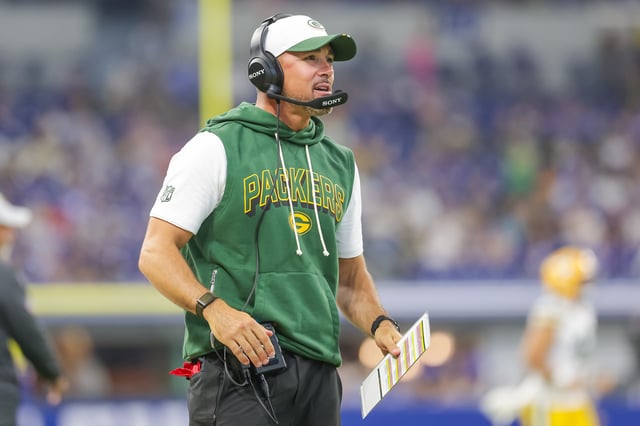 Head coach Matt LaFleur of the Green Bay Packers reacts during the NFL Preseason 2025 game between Green Bay Packers and Indianapolis Colts at Lucas Oil Stadium on August 16, 2025 in Indianapolis, Indiana.