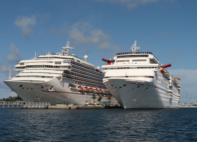 Carnival Cruise ships Liberty and Elation are seen in Nassau, Bahamas on April 29, 2019.