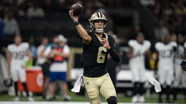 Aug 17, 2025; New Orleans, Louisiana, USA; New Orleans Saints quarterback Tyler Shough (6) throws against the Jacksonville Jaguars during the first half at Caesars Superdome. Mandatory Credit: Matthew Hinton-Imagn Images