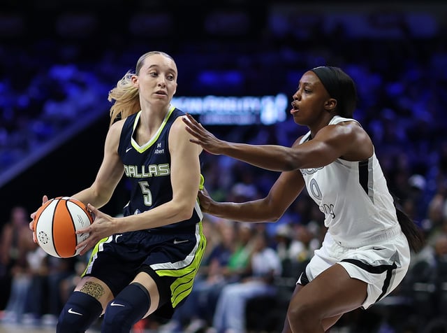 Paige Bueckers #5 of the Dallas Wings is defended by Jackie Young #0 of the Las Vegas Aces during the first half of a game at College Park Center on July 16, 2025 in Arlington, Texas.