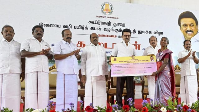 Tamil Nadu chief minister MK Stalin during the launch of an instant crop loan scheme, in Dharmapuri district,on Sunday. (PTI)