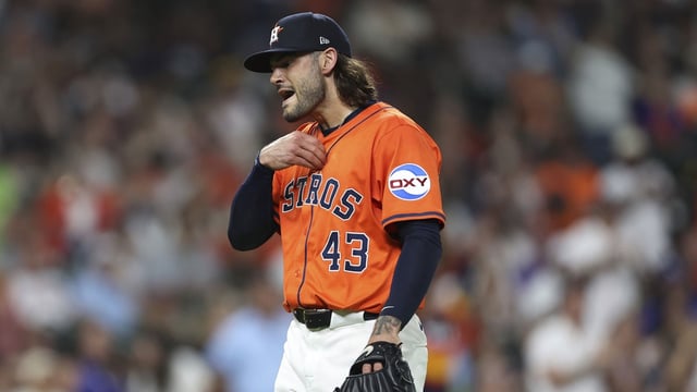 Jul 11, 2025; Houston, Texas, USA; Houston Astros starting pitcher Lance McCullers Jr. (43) walks off the field after pitching during the third inning against the Texas Rangers at Daikin Park. Mandatory Credit: Troy Taormina-Imagn Images