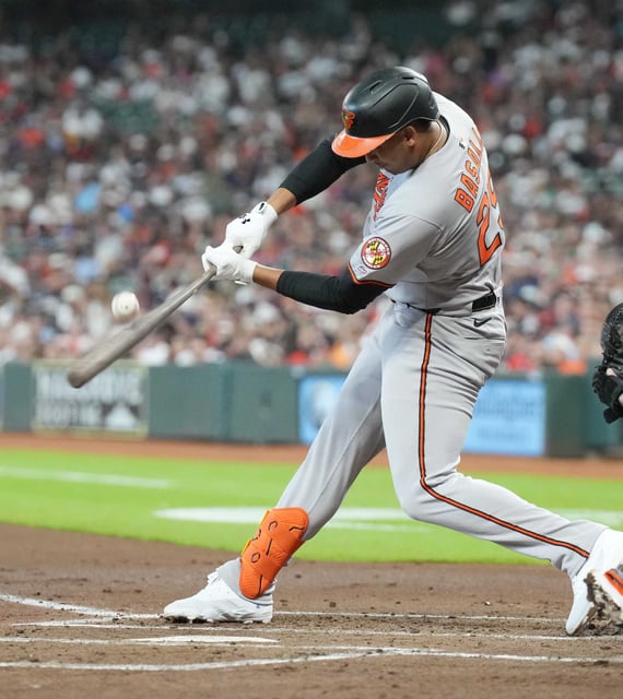 Baltimore Orioles designated hitter Samuel Basallo (29) connects for a foul ball in the second inning against the Houston Astros at Daikin Park in Houston on Sunday, Aug. 17, 2025.