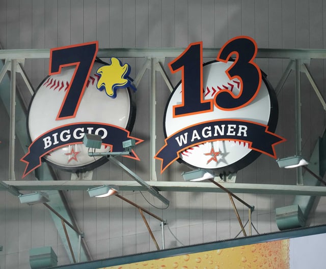 Houston Astros Hall of Famers Biggio and recenty included Wagner’s jersey numbers are placed together at Daikin Park in Houston on Sunday, Aug. 17, 2025.