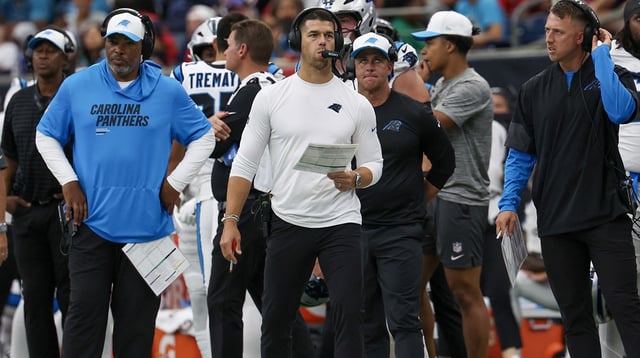Aug 16, 2025; Houston, Texas, USA; The Carolina Panthers head coach Dave Canales watches his team play against the Houston Texans in the second half at NRG Stadium. Mandatory Credit: Thomas Shea-Imagn Images
