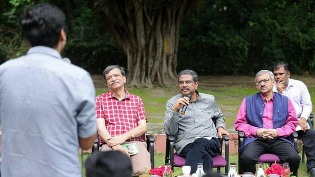 Education Minister Dharmendra Pradhan interacts with the students of IIT Delhi for the Prime Minister Narendra Modis vision of ‘Samridhh Bharat’ in New Delhi on Sunday. (ANI Photo)