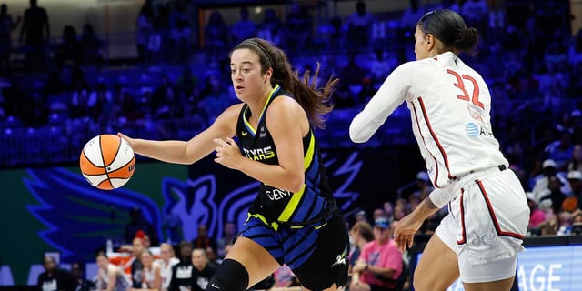 Aug 10, 2025; Arlington, Texas, USA; Dallas Wings forward Maddy Siegrist (20) controls the ball as Washington Mystics forward Alysha Clark (32) defends during the second half at College Park Center. Mandatory Credit: Chris Jones-Imagn Images