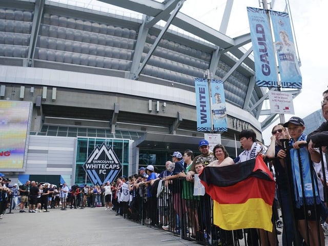  Fans of Thomas Müller #13 of the Vancouver Whitecaps FC hold a sign to welcome Müler outside the stadium prior to the MLS match between Vancouver Whitecaps FC and Houston Dynamo FC at BC Place on August 17, 2025 in Vancouver, British Columbia.