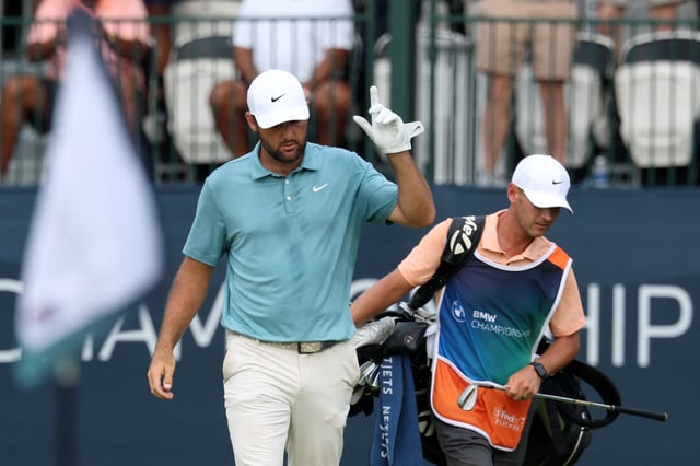 OWINGS MILLS, MARYLAND - AUGUST 17: Scottie Scheffler of the United States reacts to his birdie putt on the 17th green during the final round of the BMW Championship 2025 at Caves Valley Golf Club on August 17, 2025 in Owings Mills, Maryland. (Photo by Kevin C. Cox/Getty Images)