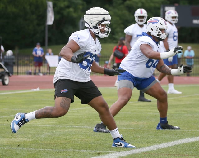 Bills offensive linemen Tylan Grable and Oâ€™Cyrus Torrence put in extra reps before day three of Buffalo Bills training camp at St. John Fisher University Friday, July 25, 2025 in Pittsford, NY.
