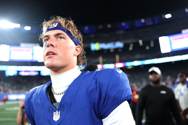 Jaxson Dart #6 of the New York Giants looks on after the second half of a NFL Preseason 2025 game between New York Jets and New York Giants at MetLife Stadium on August 16, 2025 in East Rutherford, New Jersey. The Giants won 31-12.