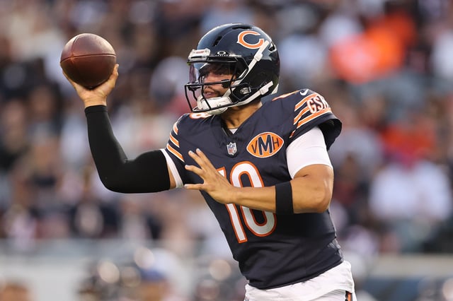Caleb Williams #18 of the Chicago Bears throws a pass against the Buffalo Bills during the NFL Preseason 2025 game between Buffalo Bills and Chicago Bears at Soldier Field on August 17, 2025 in Chicago, Illinois