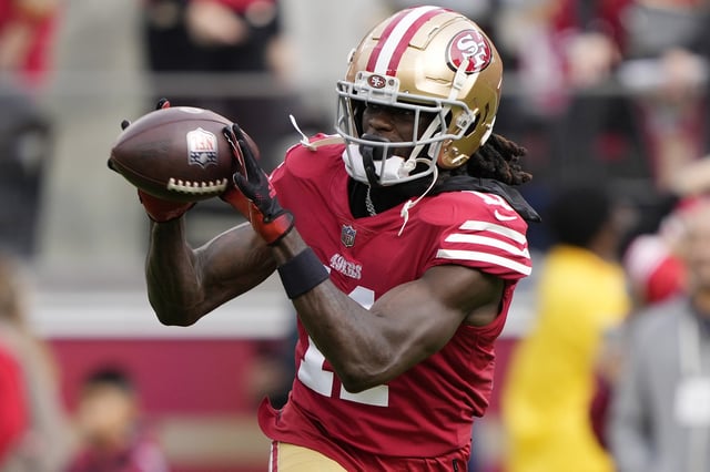 Brandon Aiyuk #11 of the San Francisco 49ers catches a pass during warm-ups prior to the game against the Arizona Cardinals at Levi&#39;s Stadium on January 08, 2023 in Santa Clara, California.